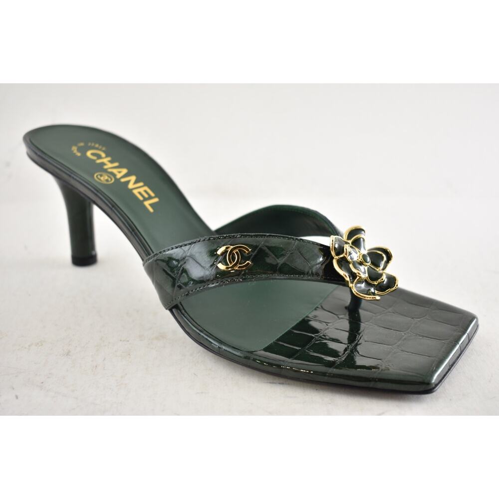 Chanel 26A Green Crocodile Croc CC Flower Backless Mule Heel Thong Sandal 39 - Picture 6 of 16